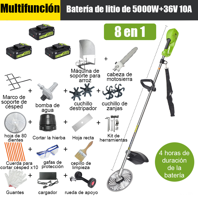 [8 en 1] Batería de litio de 5000 W, 36 V 10 A*3, 4 horas de duración de la batería, cabezal de motosierra, cuchillo escarificador, cuchillo para zanjas, bomba de agua, cuchilla de 80 dientes, cabezal de corte, cuerda de corte*10, cuchilla recta , Ruedas de soporte, marco de soporte de césped, soporte de arroz, juego completo de accesorios